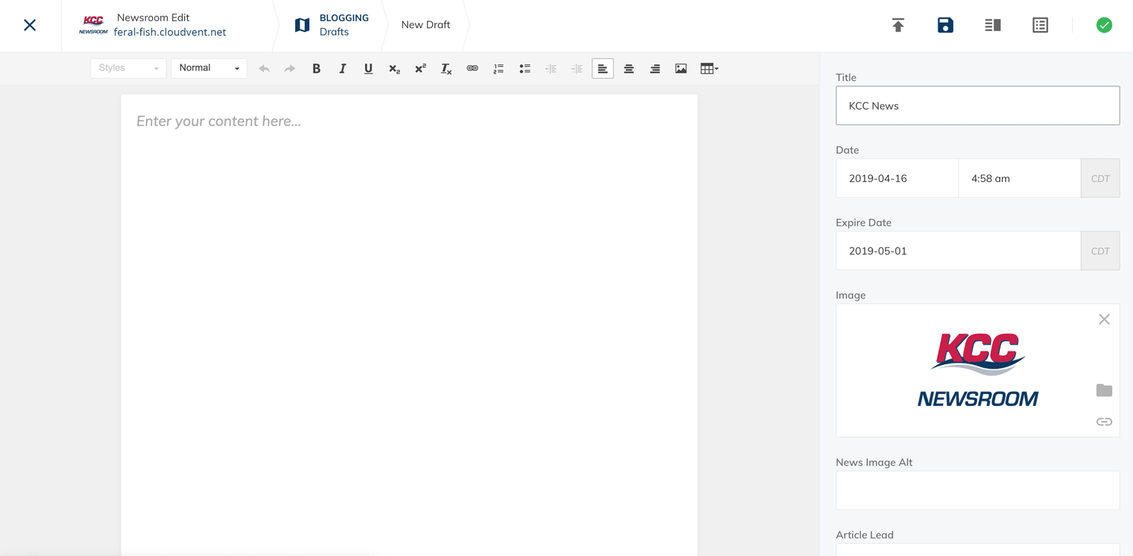 Screenshot of the Content Editor for drafts and posts